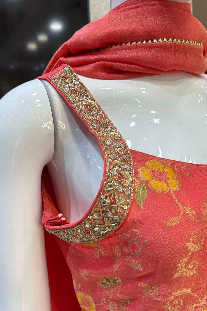 Orange Zari, Beads, Sequins, Zardozi, Stone and Jacquard work Palazzo Salwar Suit