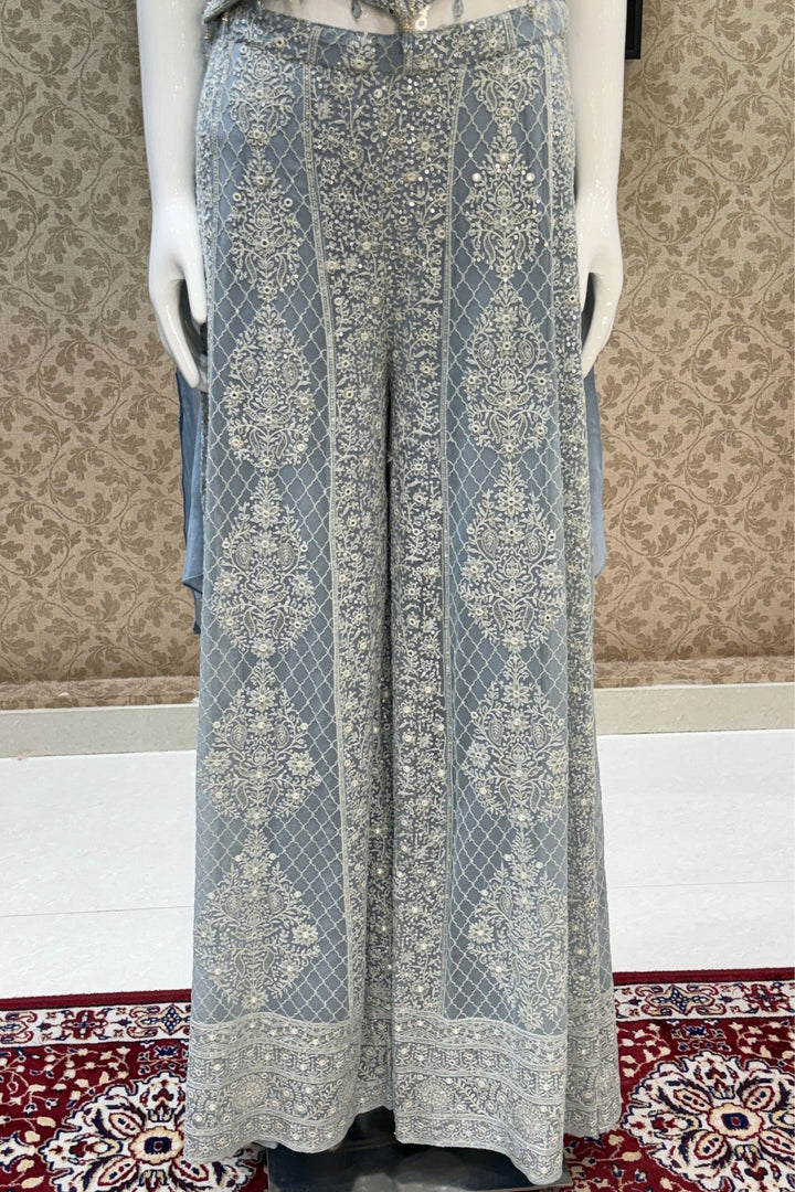 Sky Blue Halter Neck Palazzo Set with Chikankari, Beads, Sequins, Mirror and Stone Detailing