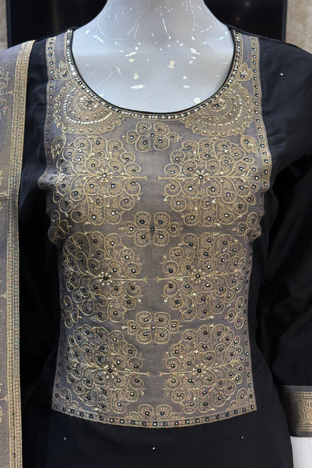 Black Beads, Sequins, Zardozi and Banaras work Straight Cut Salwar Suit