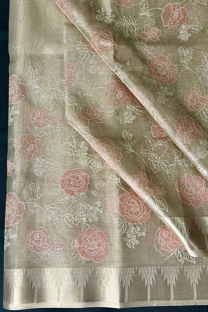 Golden Tissue Saree with Floral Embroidery work