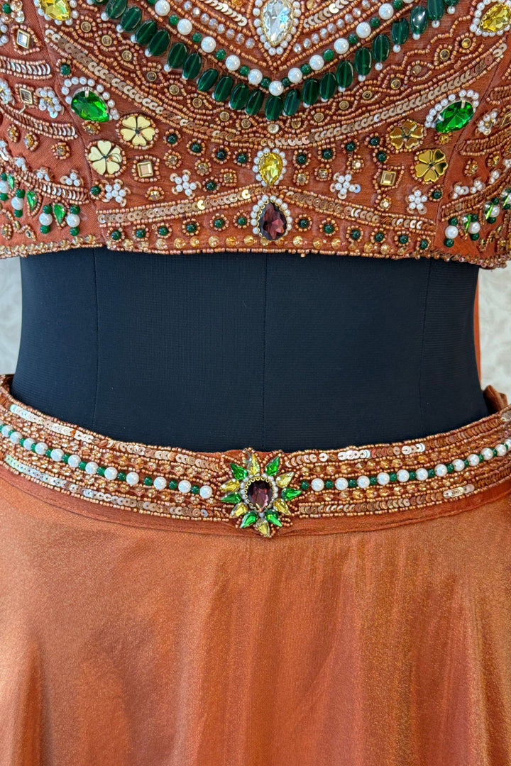 Rust Beads, Zardozi, Stone, Sequins and Pearl work with Halter Neck Crop Top Lehenga