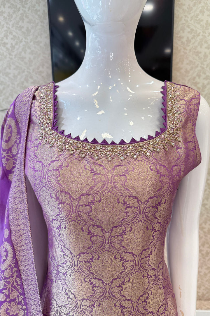 Lavender Beads, Mirror, Stone, Banaras and Brocade work Straight Cut Salwar Suit