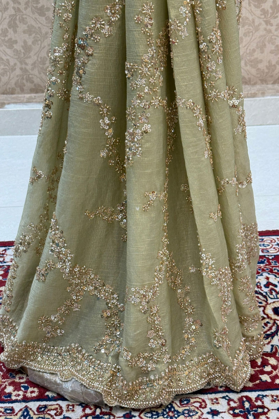 Pista Green Saree Featuring Sequins, Pearl, Beads and Zari work