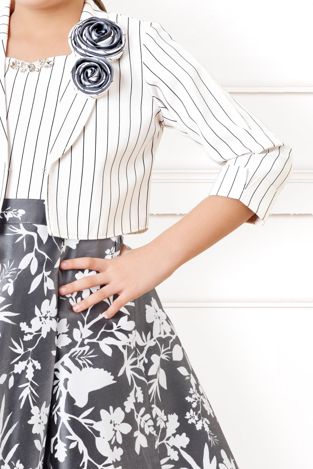 White with Grey Digital Print Jacket Styled Short Frock For Girls