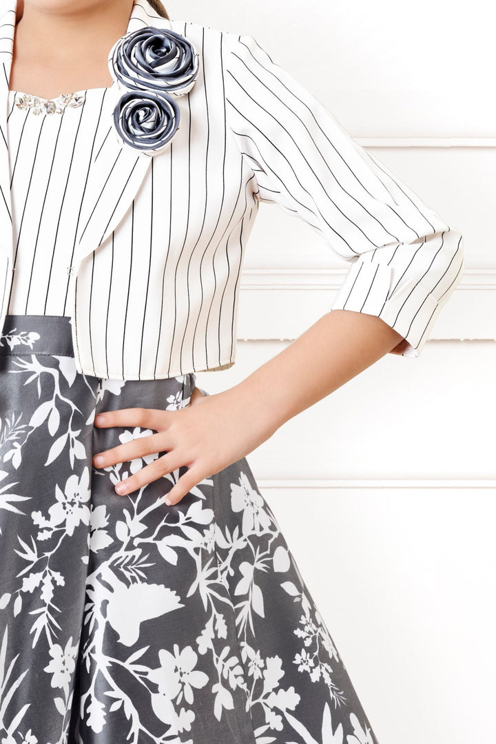White with Grey Digital Print Jacket Styled Short Frock For Girls
