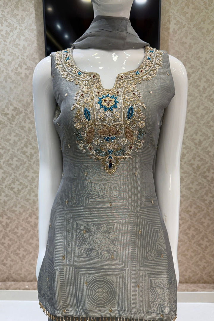 Grey Zardozi, Stone, Sequins, Beads and Thread work Palazzo Salwar Suit