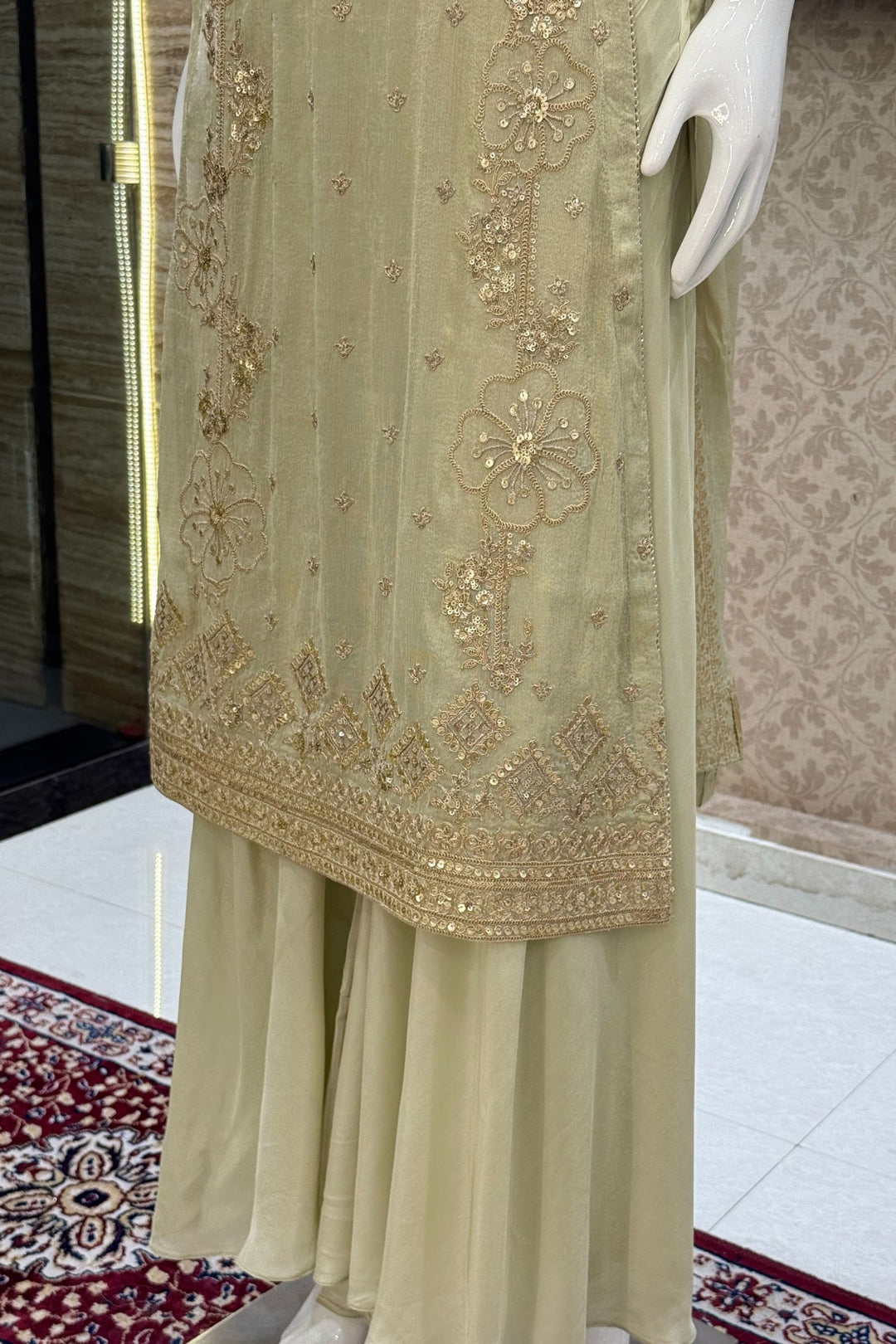 Pista Green Zari and Sequins work High Slit Palazzo Set