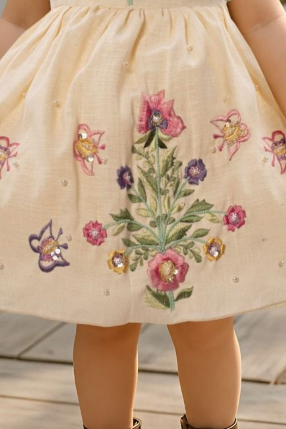 Cream Embroidery, Sequins and Beads work Short Partywear Frock for Girls