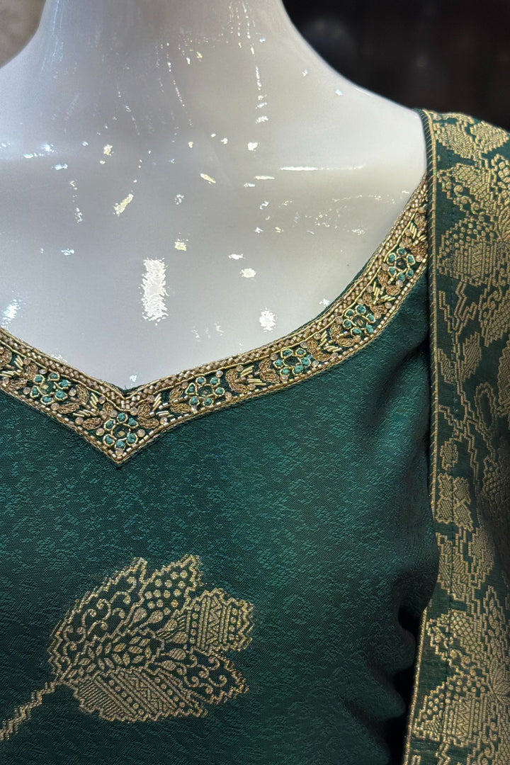 Green Banaras, Stone, Zardozi, SEquins, Beads and Zari work Straight Cut Salwar Suit