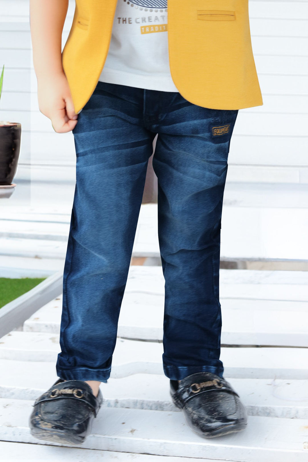 Mustard and White Printed Blazer, T-Shirt and Blue Pant Set for Boys