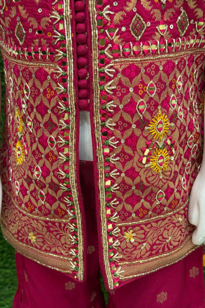 Dark Pink Zari, Mirror, Sequins and Beads work Sharara Suit Set for Girls