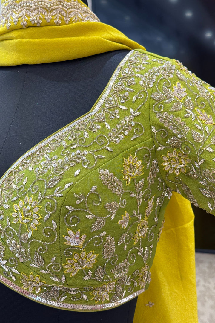 Parrot Green with Liril Green Beads, Sequins, Zardozi and Banaras work Crop Top Lehenga