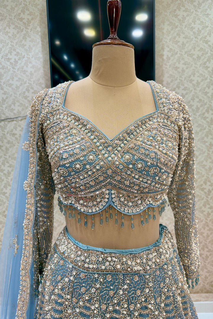 Sea Blue Bridal Lehenga with Intricate Beads, Pearl and Sequins Work
