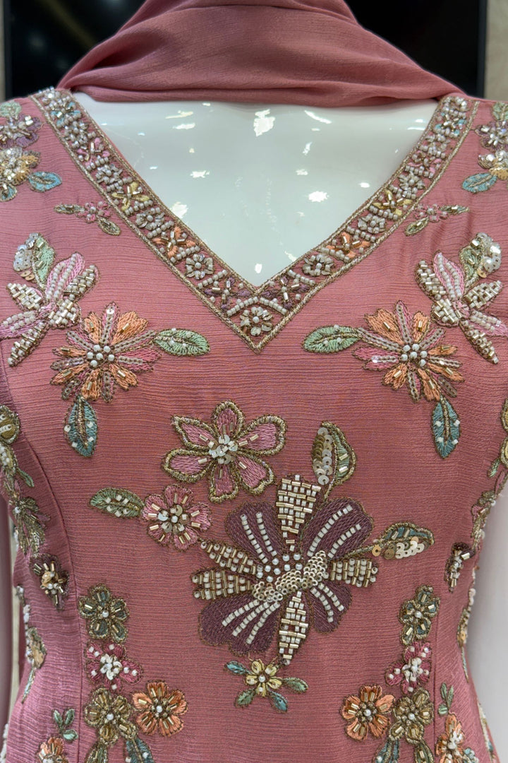 Onion Pink Palazzo Set Featuring All-Over Multicolor Embroidery, Beads, Sequins and Zari
