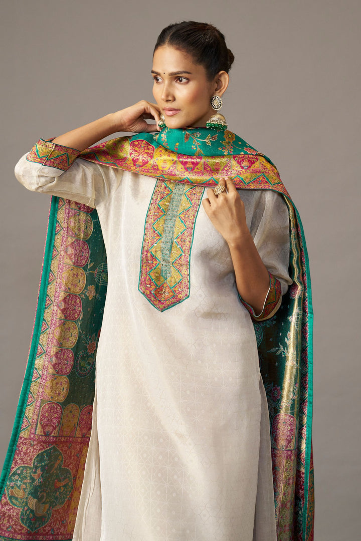 Half White Multicolor Banaras, Sequins and Beads work Straight Cut Salwar Suit