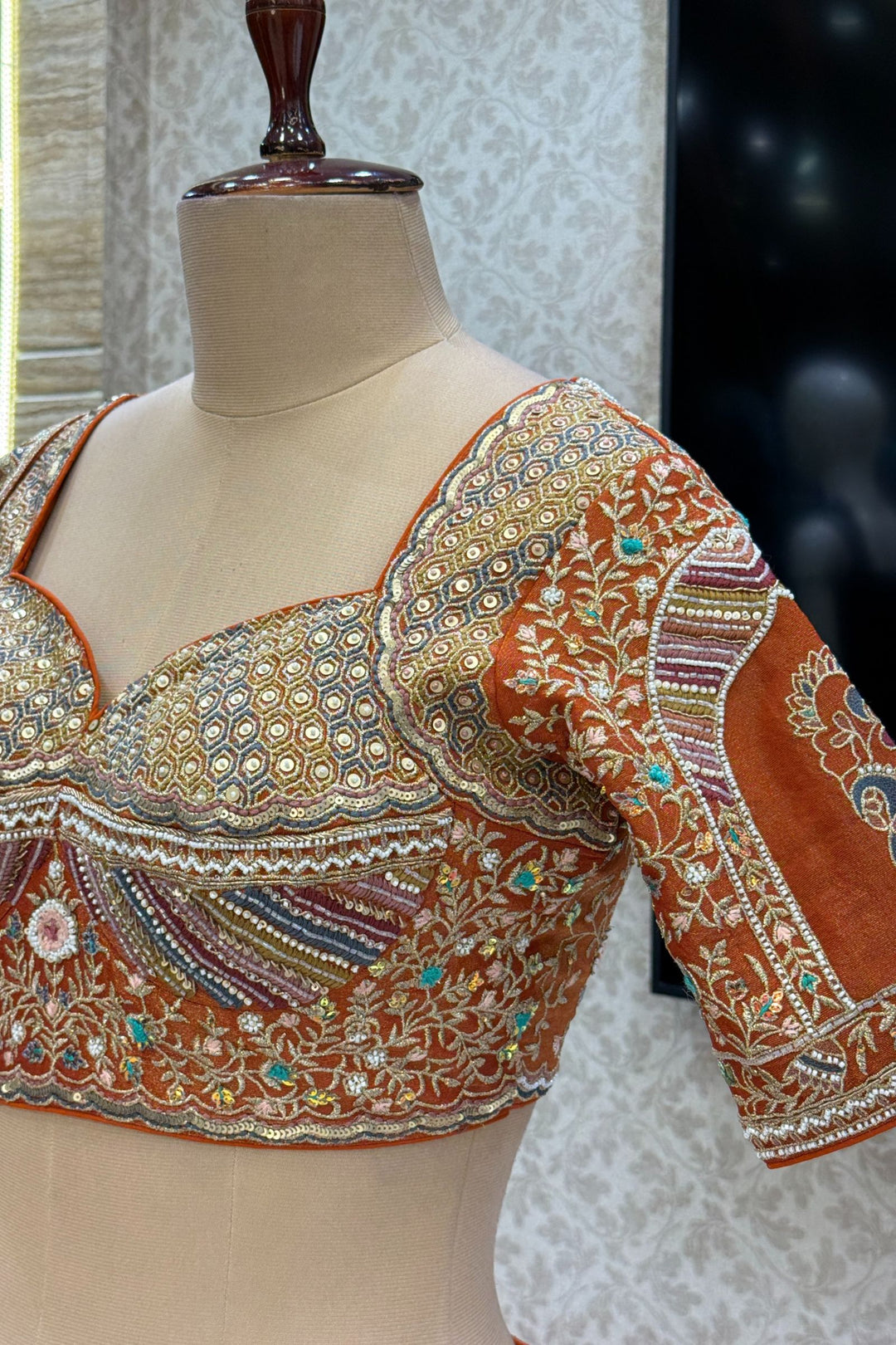 Orange Zari, Sequins, Beads and Multicolor Thread work Crop Top Lehenga