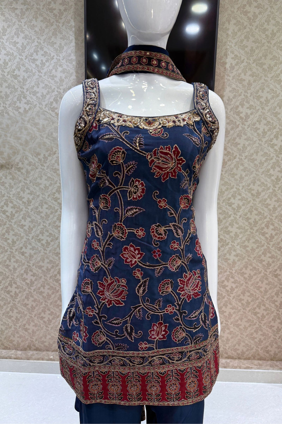 Navy Blue Zari, Zardozi, Sequins, Stone and Beads work with Floral Print Palazzo Salwar Suit