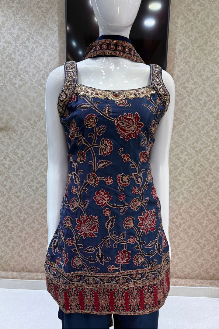 Navy Blue Zari, Zardozi, Sequins, Stone and Beads work with Floral Print Palazzo Salwar Suit