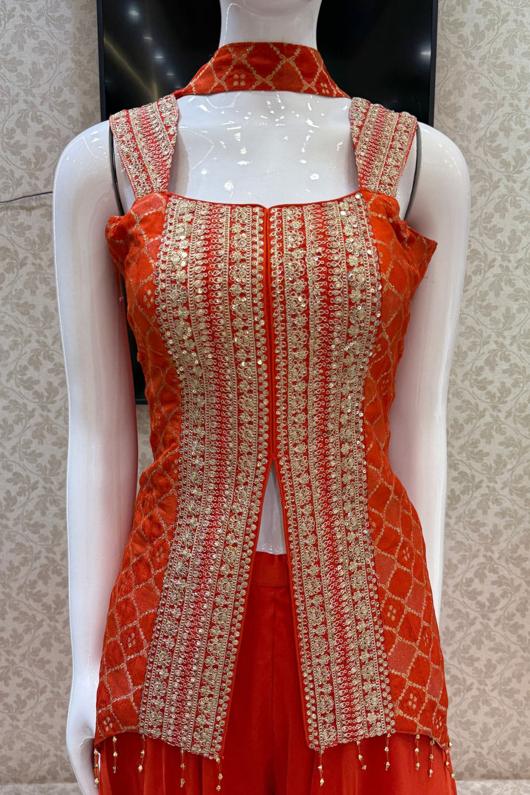 Orange Banaras Zari, Sequins and Zari Thread work Palazzo Suit Set