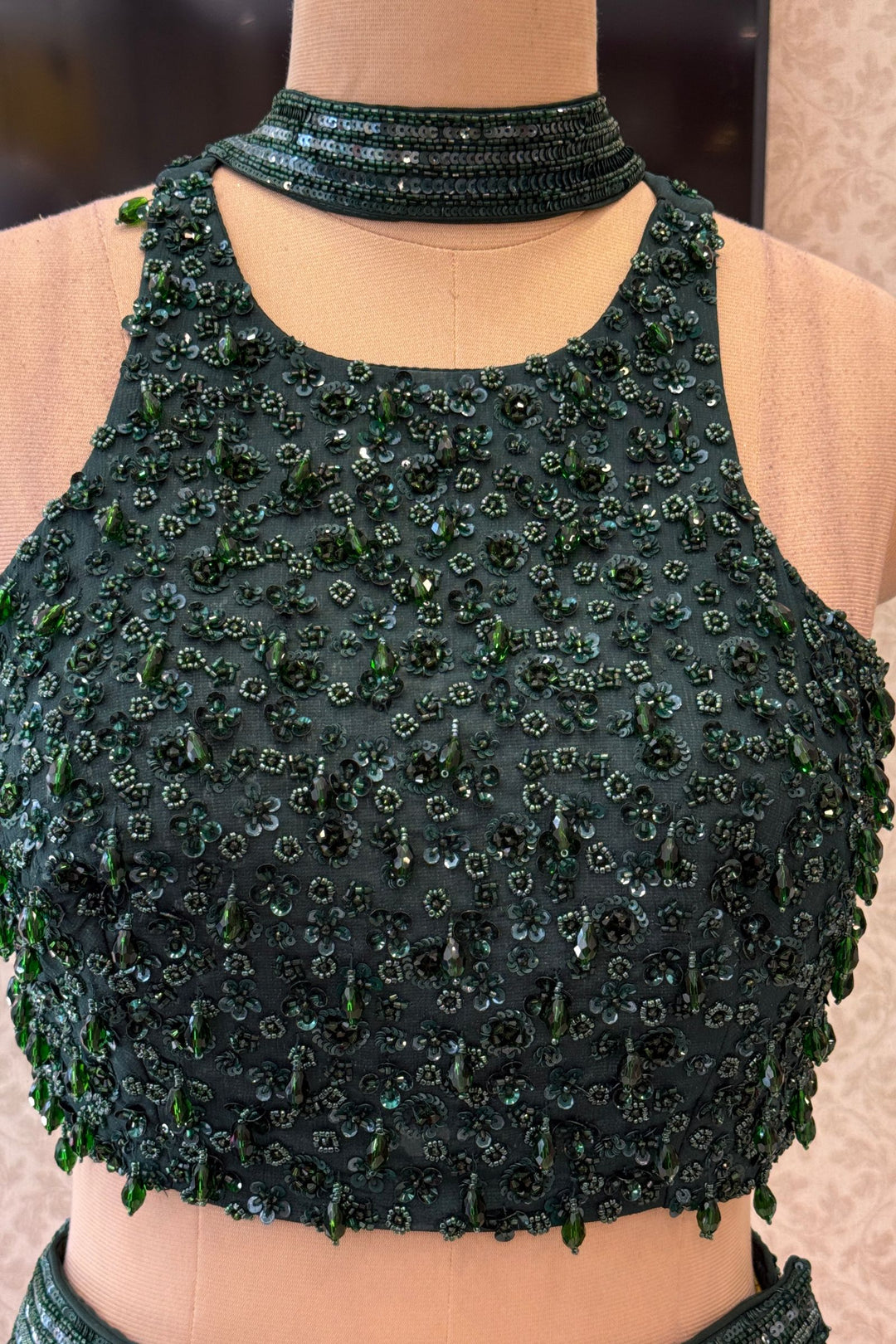 Bottle Green Beads and Sequins work Crop Top Lehenga