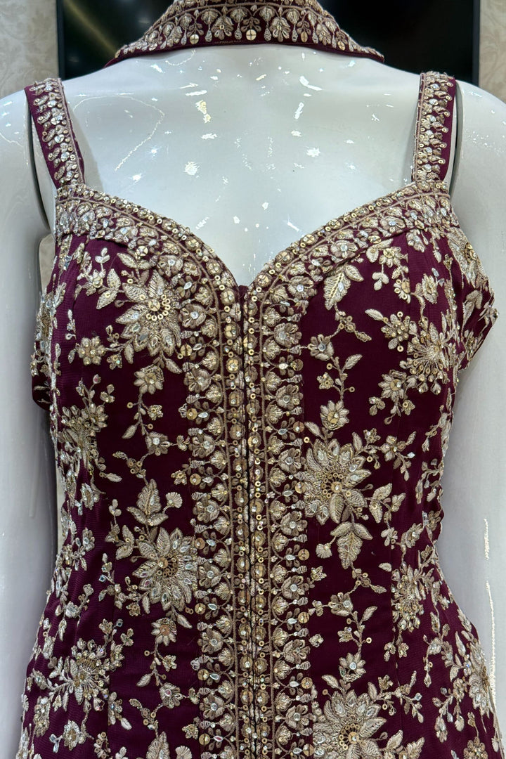 Wine Sequins, Zari, Stone, Mirror and Thread work Sharara Salwar Suit