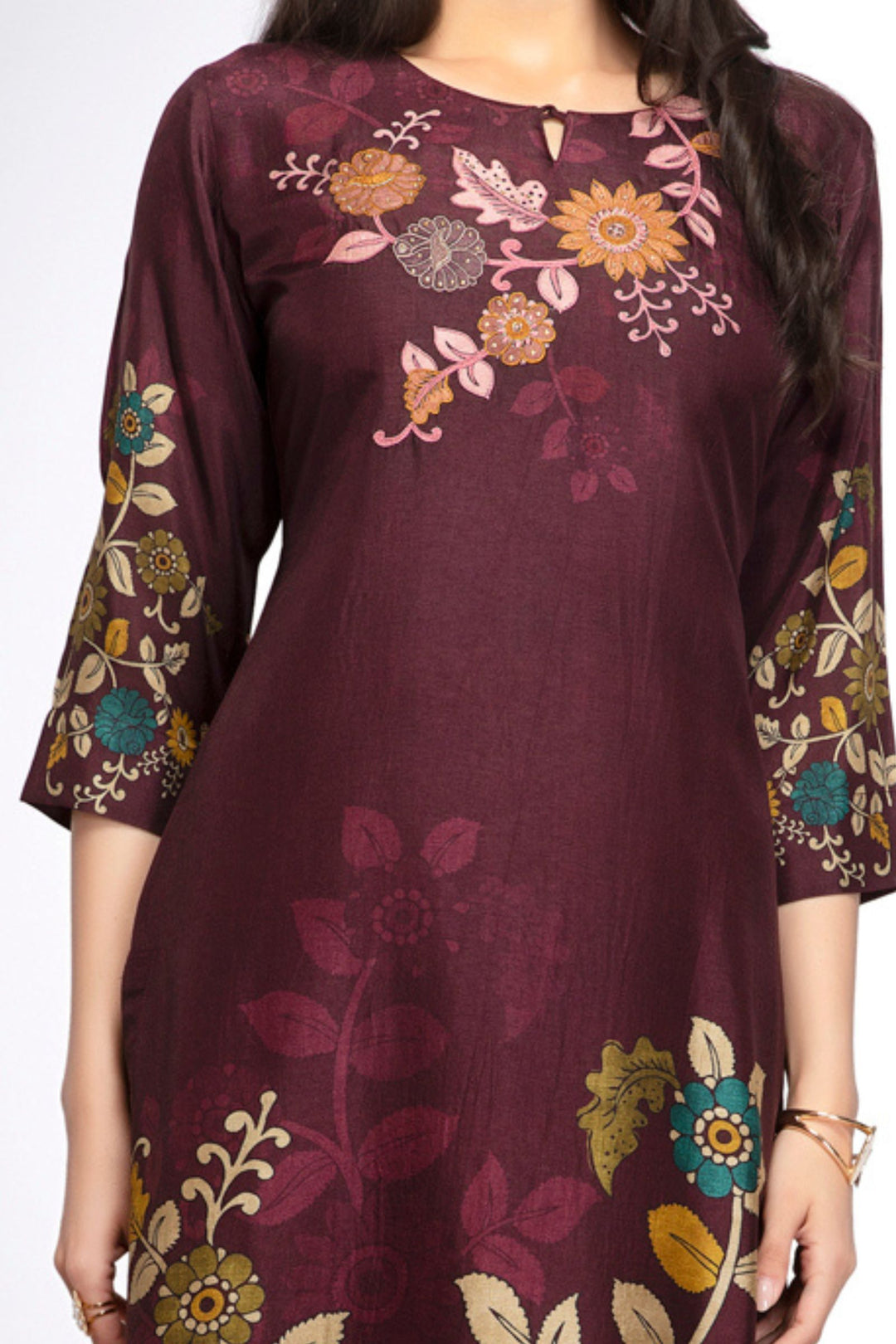 Wine Embroidery, Stone and Zari work with Floral Print Calf Length Kurti