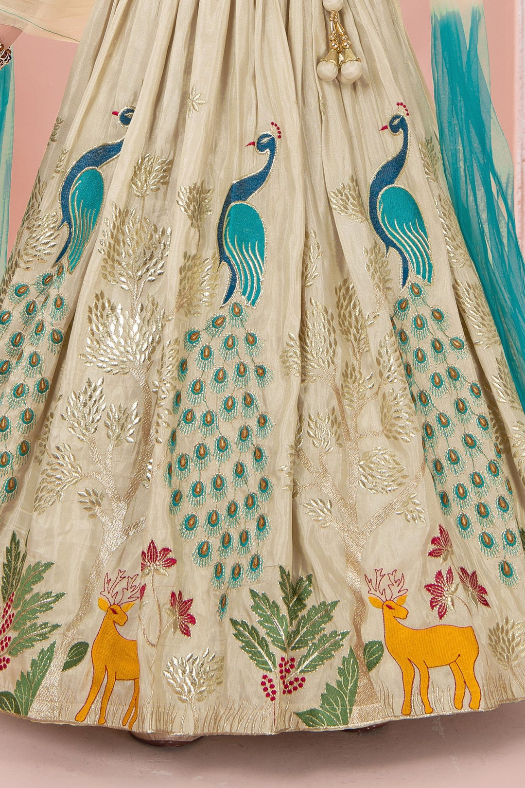 Cream Multicolor Embroidery, Sequins, Zari, Beads and Stone work Lehenga Choli for Girls