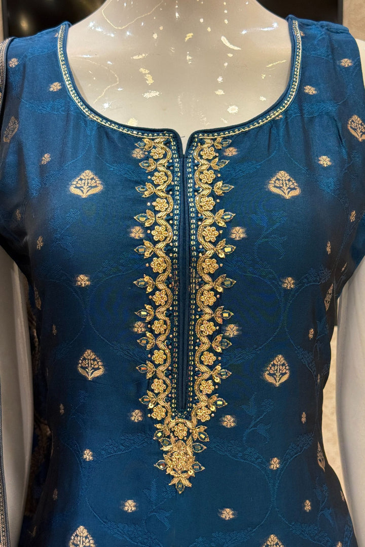 Teal Blue Zardozi, Sequins, Mirror, Stone, Brocade and Banaras work Straight Cut Salwar Suit