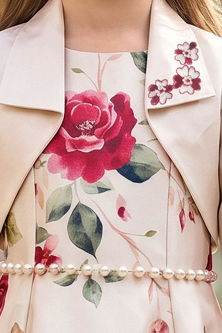Light Beige with Floral Print Jacket Styled Long Party Gown for Girls