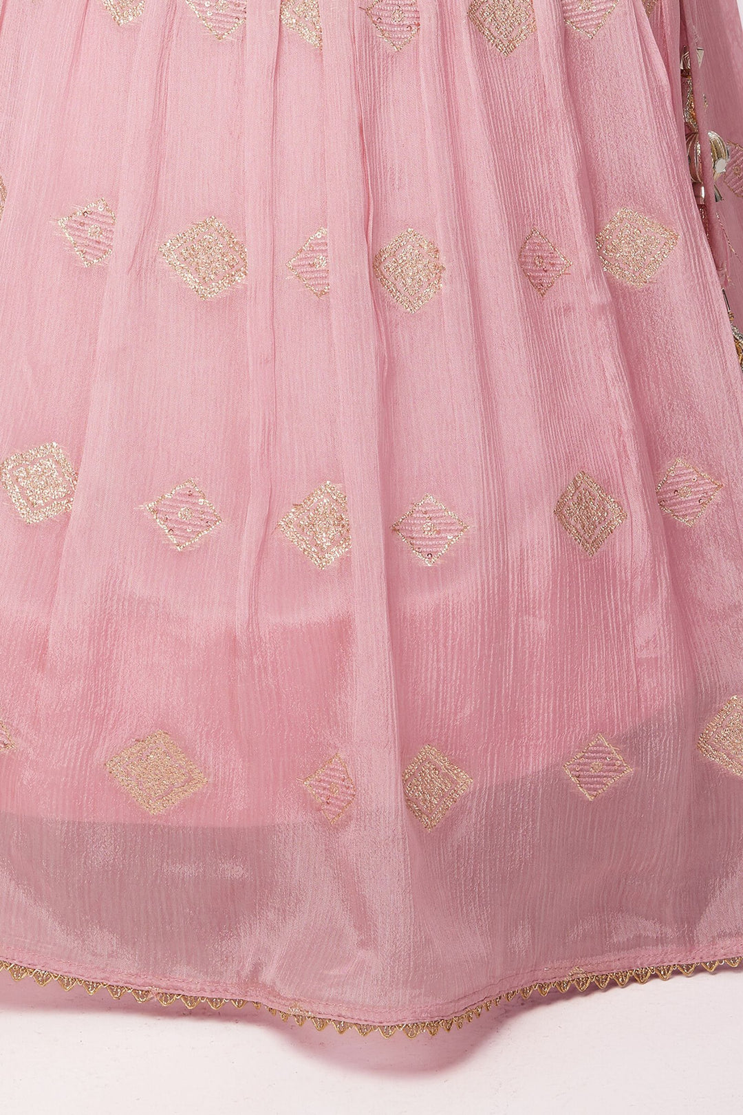 Baby Pink Mirror, Sequins, Thread, Beads and Zari work Lehenga Choli for Girls