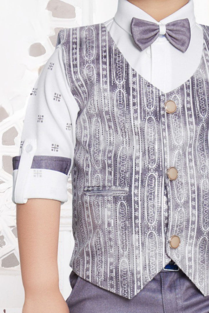 White with Light Purple Printed Waist Coat, Shirt and Suspender Style Pant Set for Boys