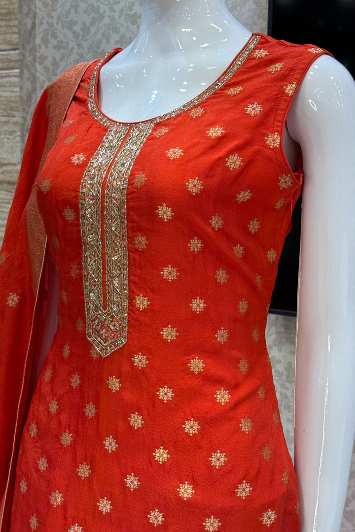 Orange Jacquard, Banaras Butta, Zardozi and Sequins work Straight Cut Salwar Suit