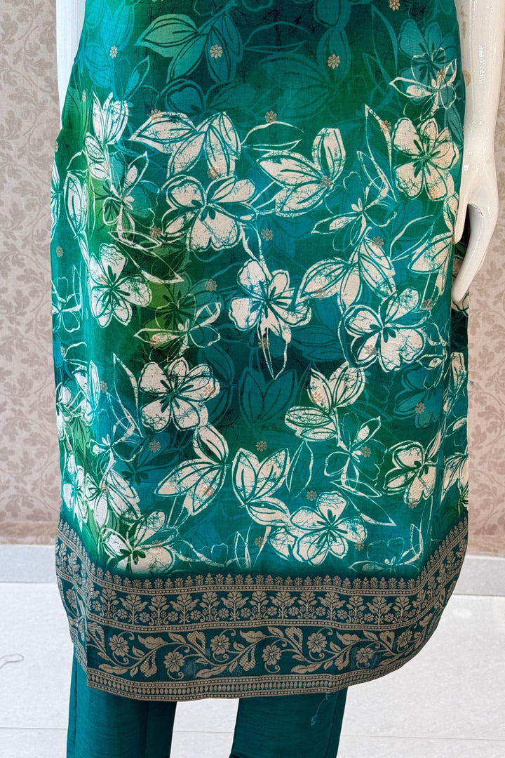 Green Banaras, Beads, Zardozi and Stone work with Floral Print Straight Cut Salwar Suit