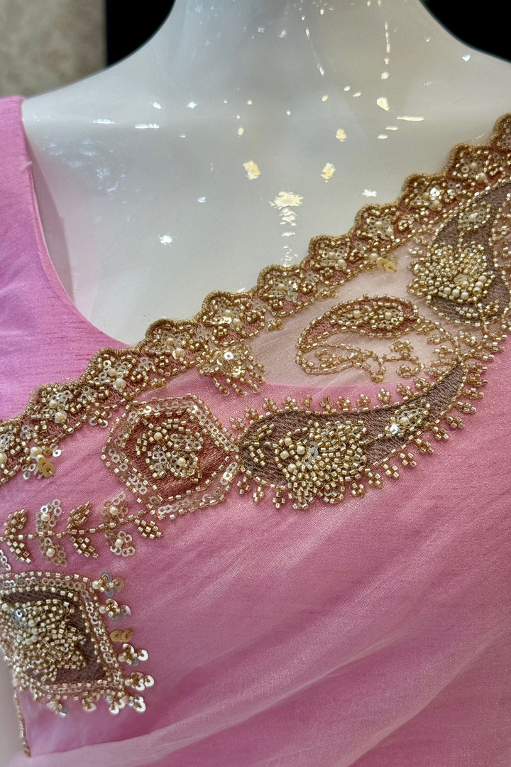 Pink Saree with Intricate Zari, Sequin and Beaded Embroidered Border