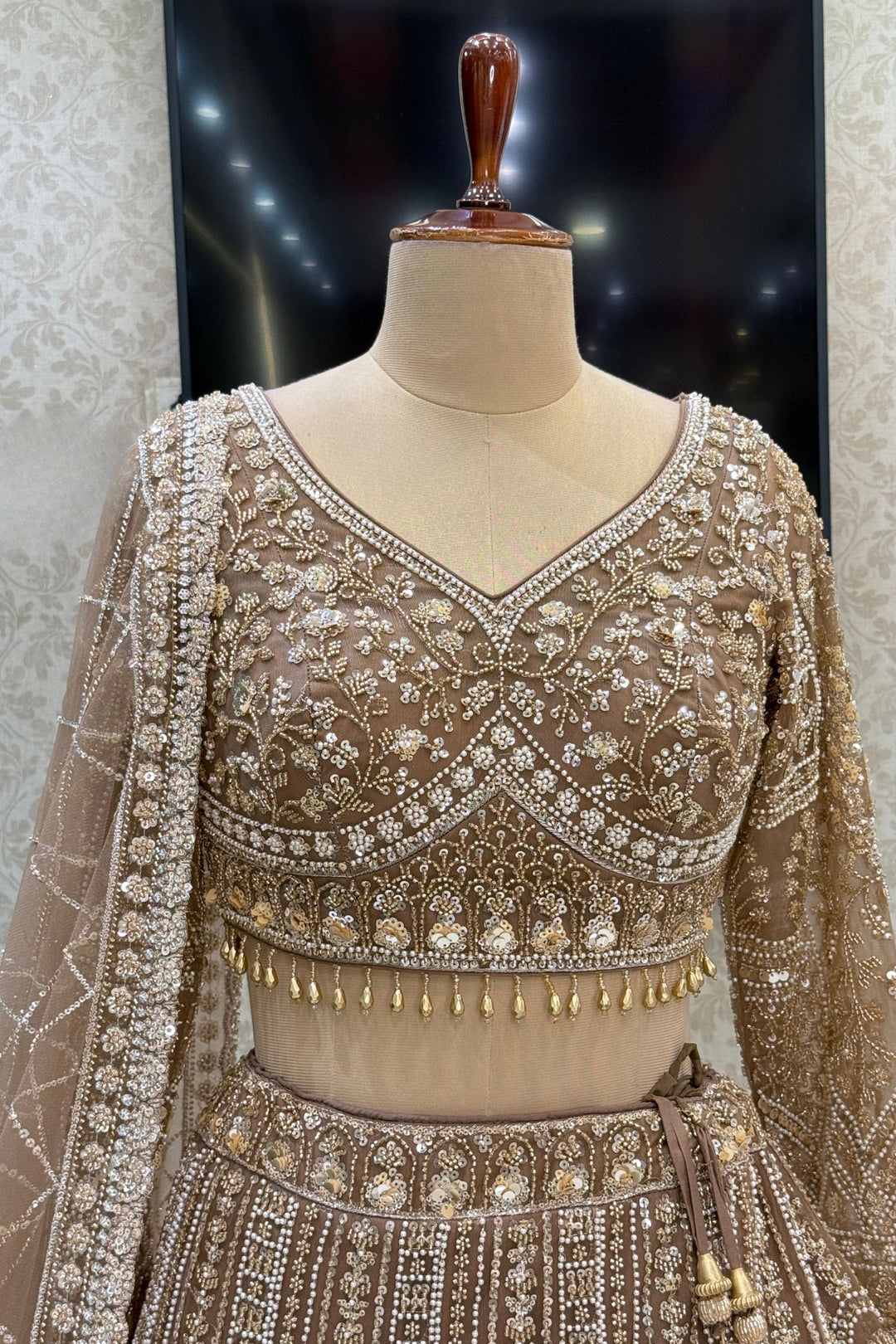 Copper Sequins, Pearl and Zari work Flared Lehenga Set with Peacock Motifs