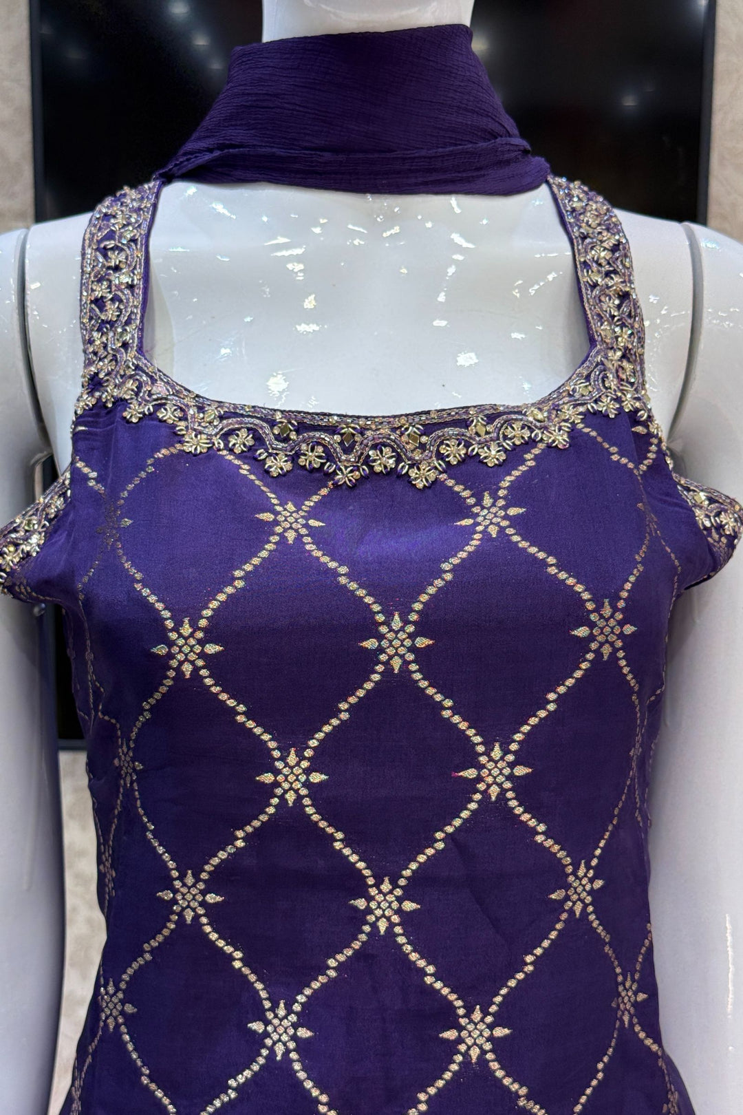 Purple Banaras, Mirror, Zardozi, Zari and Stone work Straight Cut Salwar Suit