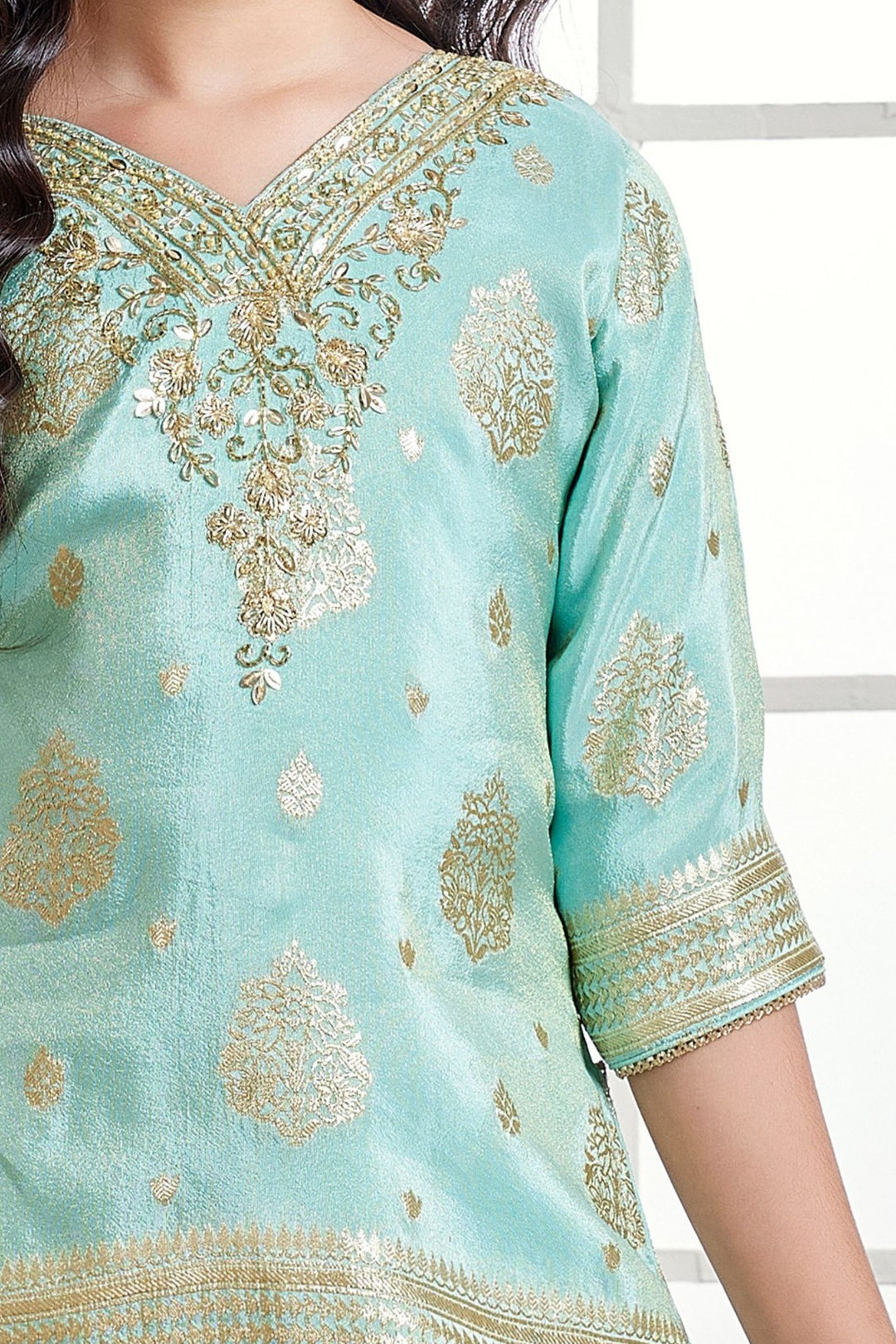 Aqua Blue Zardozi, Beads and Zari work Sharara Suit Set for Girls