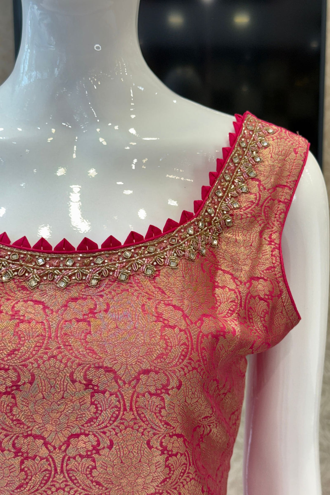 Rani Pink Beads, Mirror, Stone, Banaras and Brocade work Straight Cut Salwar Suit