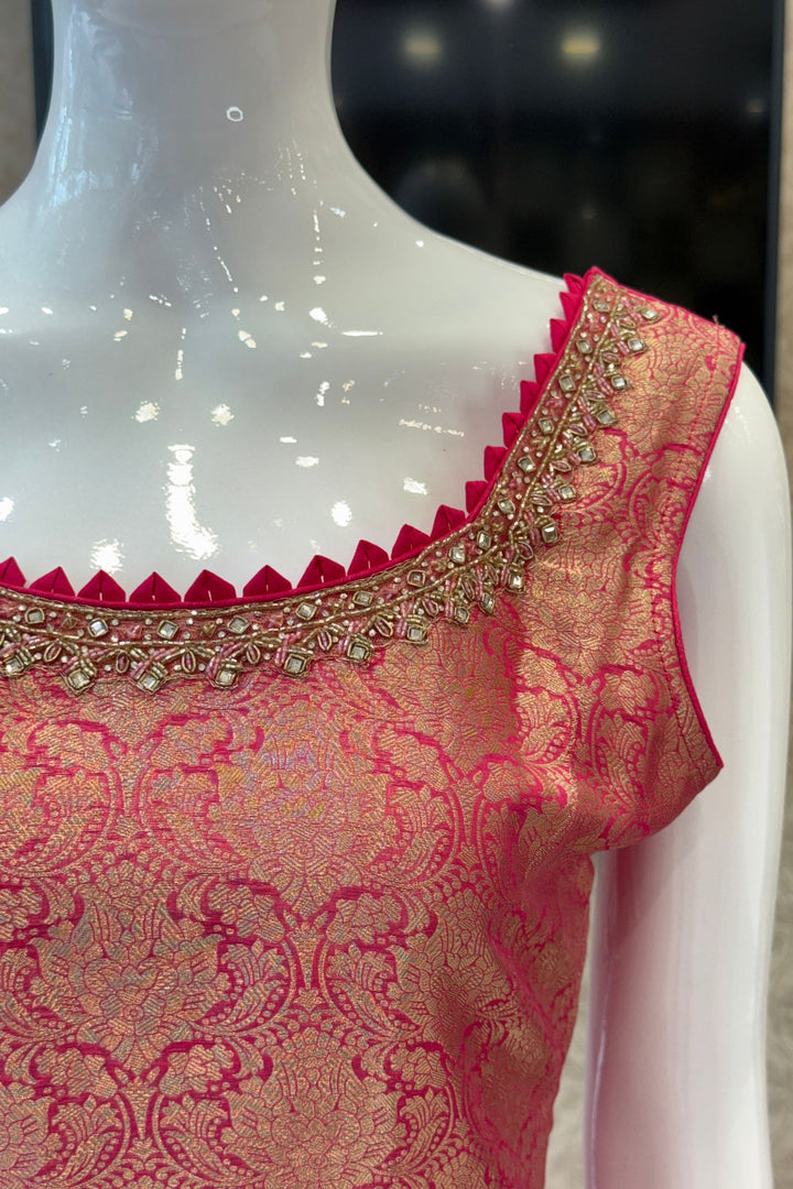 Rani Pink Beads, Mirror, Stone, Banaras and Brocade work Straight Cut Salwar Suit