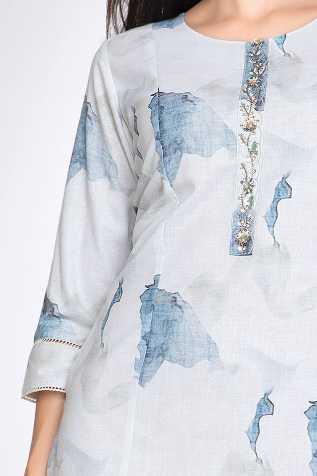 White with Blue Tie and Dye Print, Beads and Sequins work Calf Length Kurti