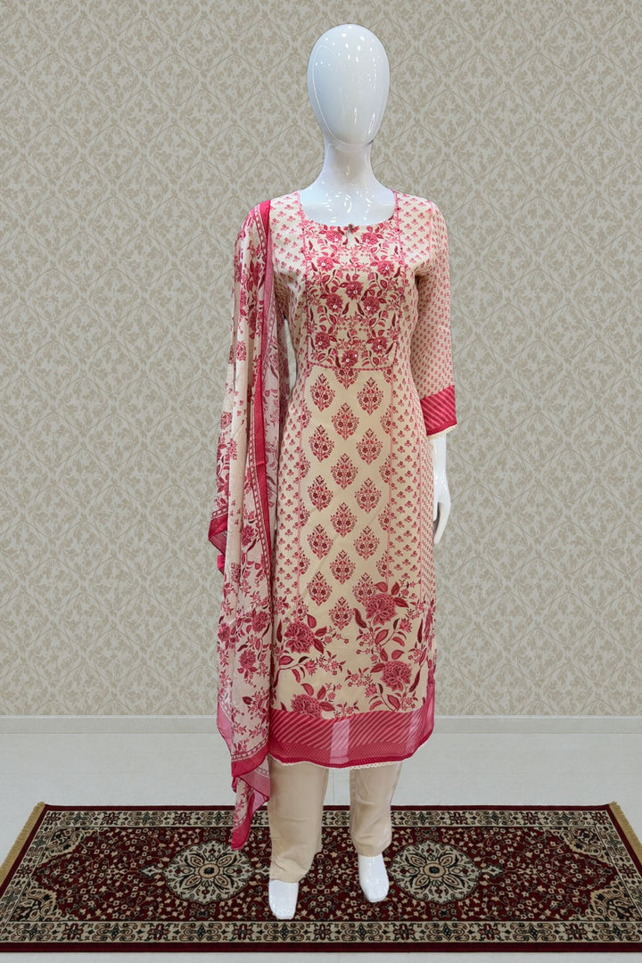 Beige with Pink Digital Print, Sequins and Beads work Straight Cut Salwar Suit