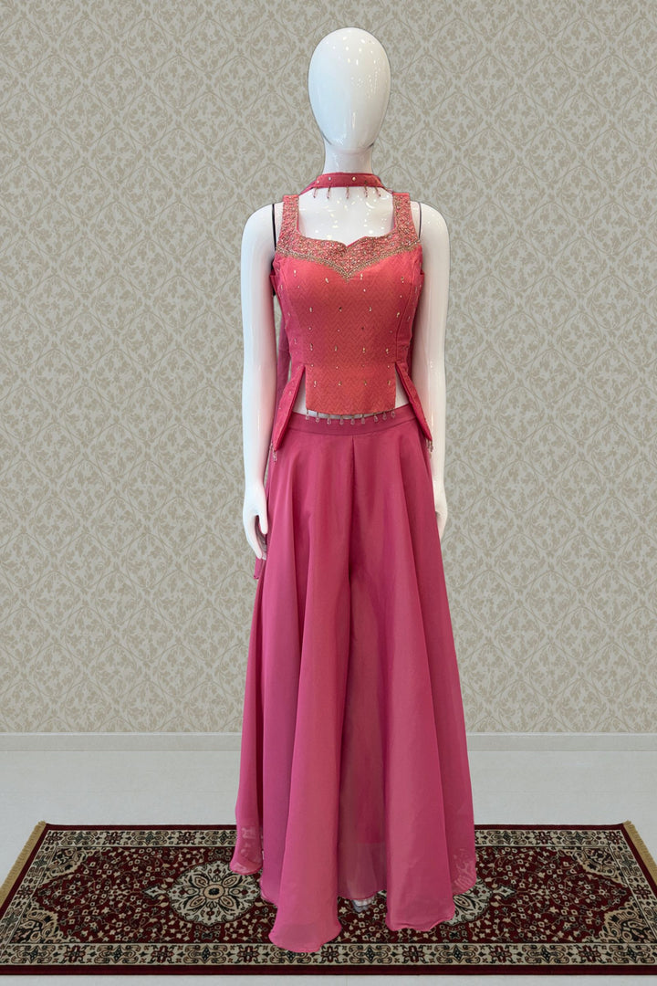 Lotus Pink Banaras, Stone, Mirror and Beads work Palazzo Suit Set