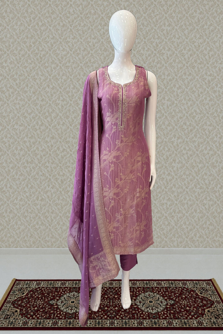 Lavender Banaras, Beads, Zardozi, Stone and Mirror work Straight Cut Salwar Suit