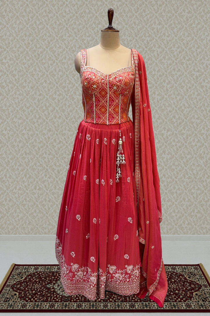 Reddish Pink Banaras, Thread, Beads and Sequins work Peplum Style Lehenga