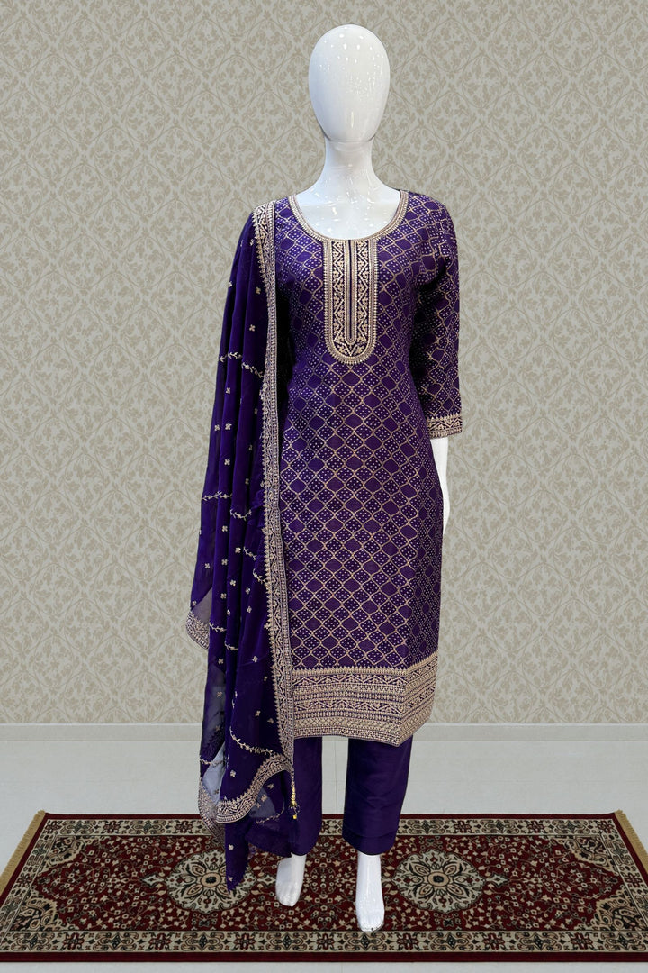Purple Banaras, Sequins and Zari work with Bandini Print Straight Cut Salwar Suit