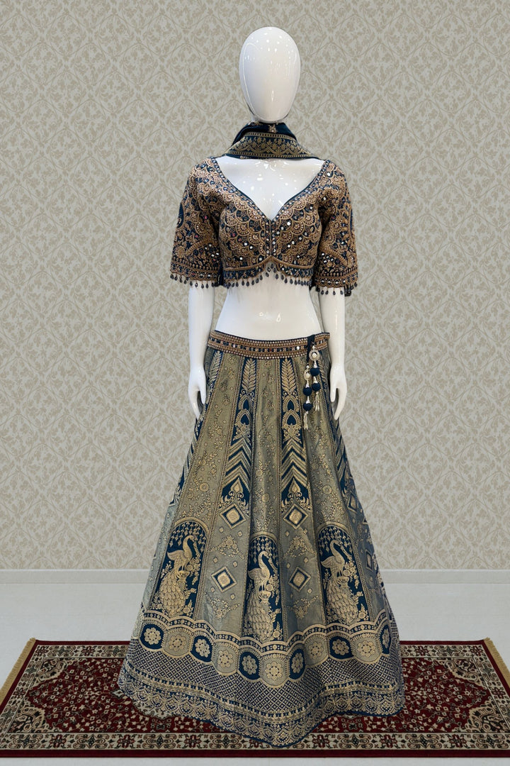 Peacock Blue Mirror, Beads, Zari, Sequins and Banaras work Crop Top Bridal Lehenga