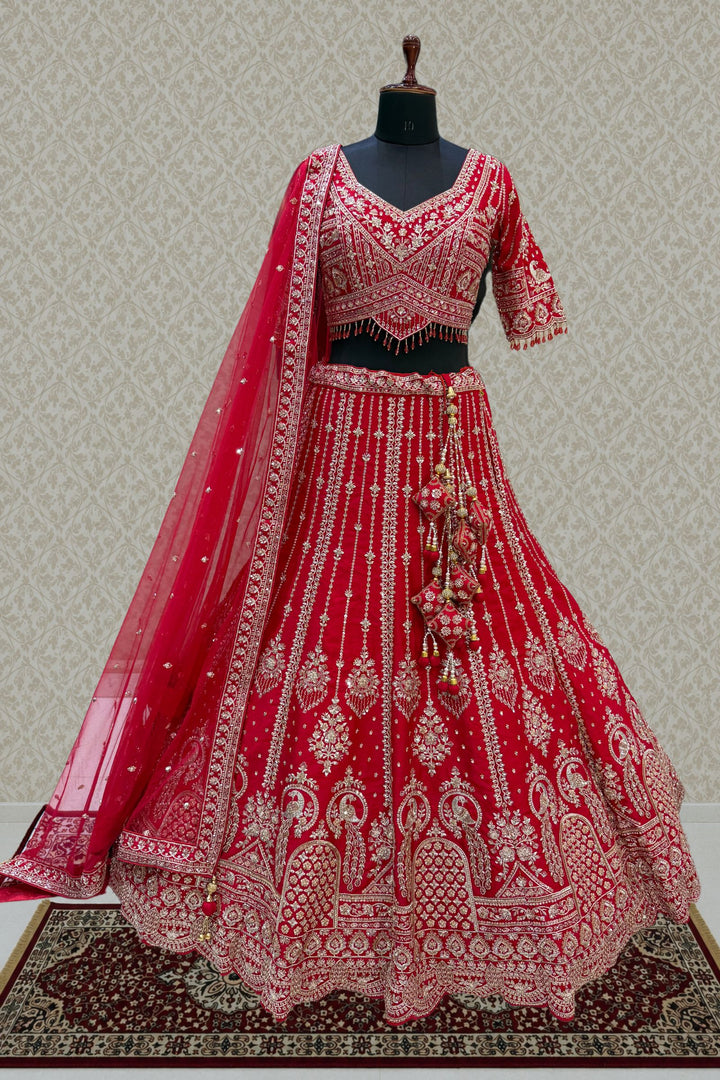 Red Beads, Zari, Zardozi, Thread and Sequins work Crop Top Designer Bridal Lehenga