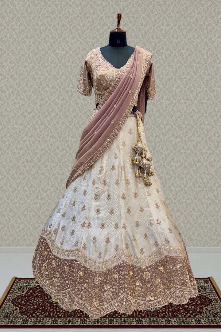 Cream with Lavender Sequins, Pearl, Beads and Zardozi work Crop Top Designer Bridal Lehenga