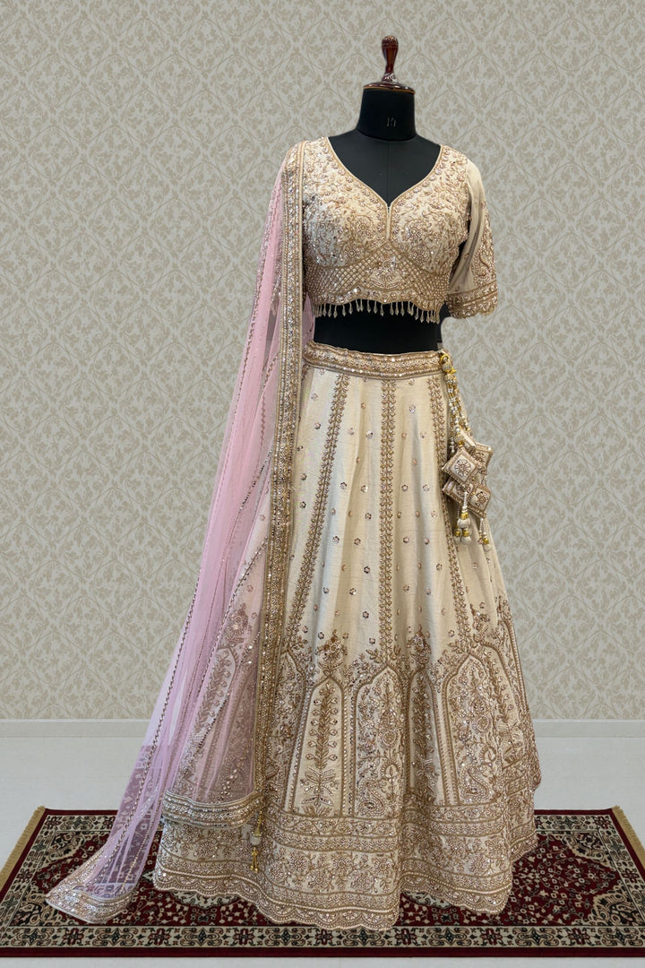 Designer Wedding Lehenga in Cream with Beads, Zari and Sequins Work
