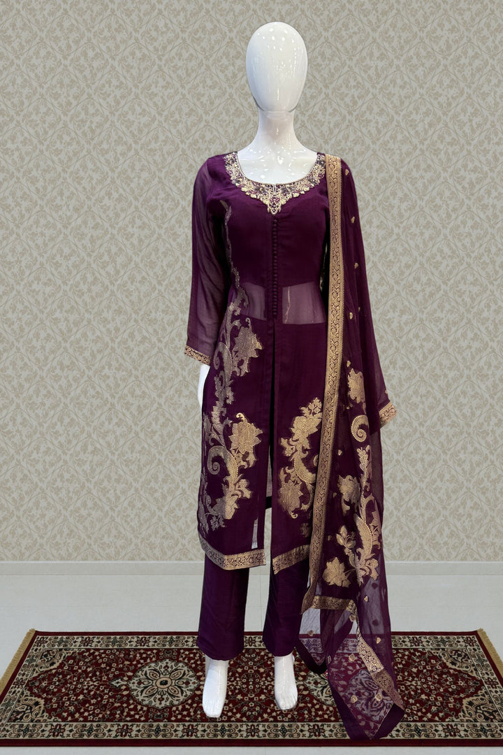 Purple Banaras, Stone, Zardozi, SEquins, Beads and Zari work Straight Cut Salwar Suit